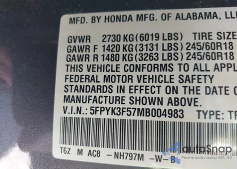 2021 Honda Ridgeline Awd Rtl from USA, damaged, VIN 5FPYK3F57MB004983